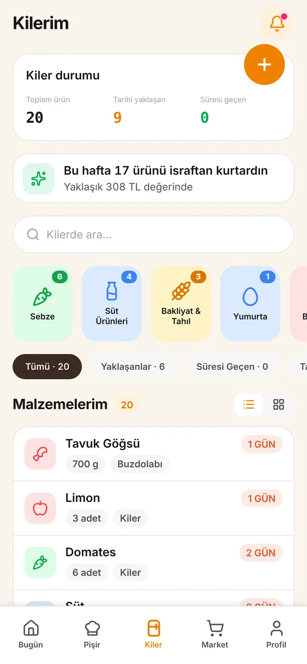 YemekYapp Kiler ekranı: ürünler son kullanma tarihine göre aciliyet rozetleriyle listeleniyor